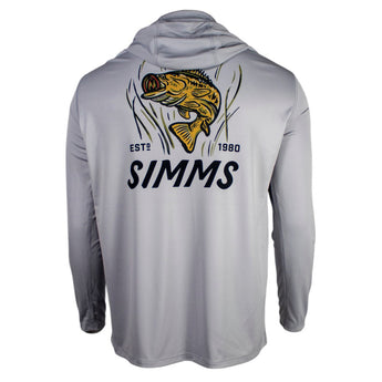 Gray performance hoodie with the 'simms' logo and bass fish print on the back.