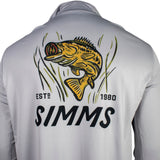 Gray performance hoodie with the 'simms' logo and bass fish print on the back.