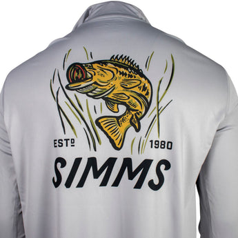 Gray performance hoodie with the 'simms' logo and bass fish print on the back.