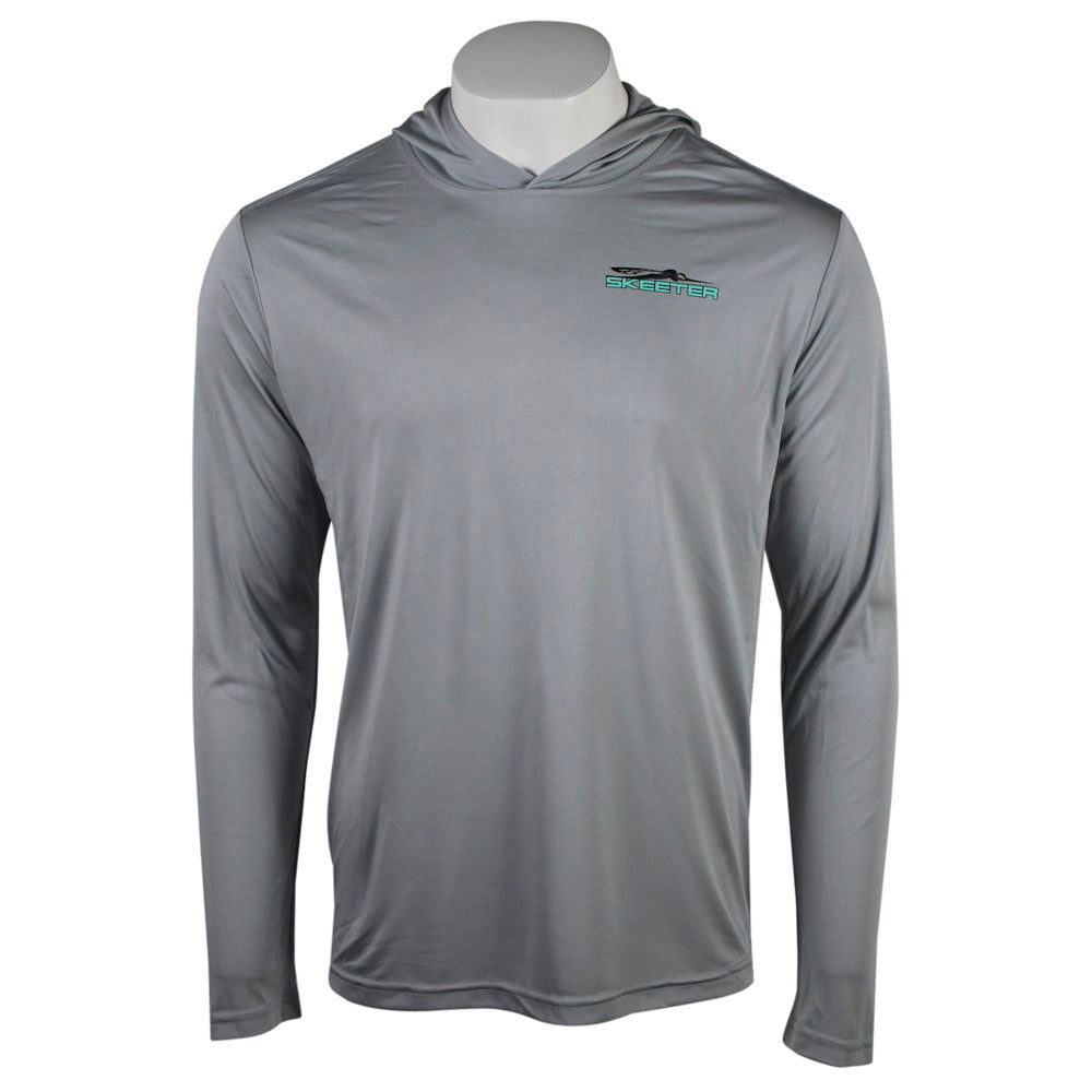 Front of a light grey UPF hooded long sleeve with the Skeeter logo printed in teal and black on the left chest. 