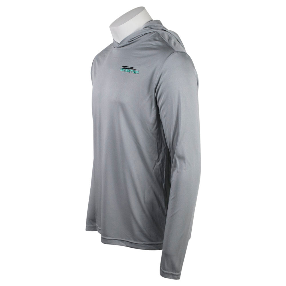 The left side of a light grey UPF hooded long sleeve.