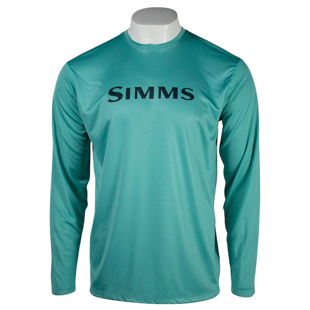 Front of a teal blue UPF long sleeve with the text "Simms" printed across the chest in black. 