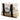 Side of a white canvas tote bag with a straw bottom and black handles. 