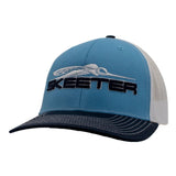 Blue and white cap with a navy bill and a navy and white 'Skeeter' logo on the front. 