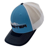 Side of a blue and white cap with a mesh back and puff embroidered logo on the front. 