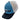 Side of a blue and white cap with a mesh back and puff embroidered logo on the front. 