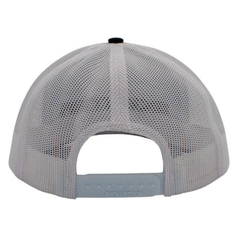 Back of a white mesh cap with Richardson branding on the snapback closure.