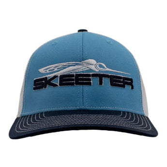 Light blue and navy cap with a textured embroidered 'Skeeter' logo on the front.