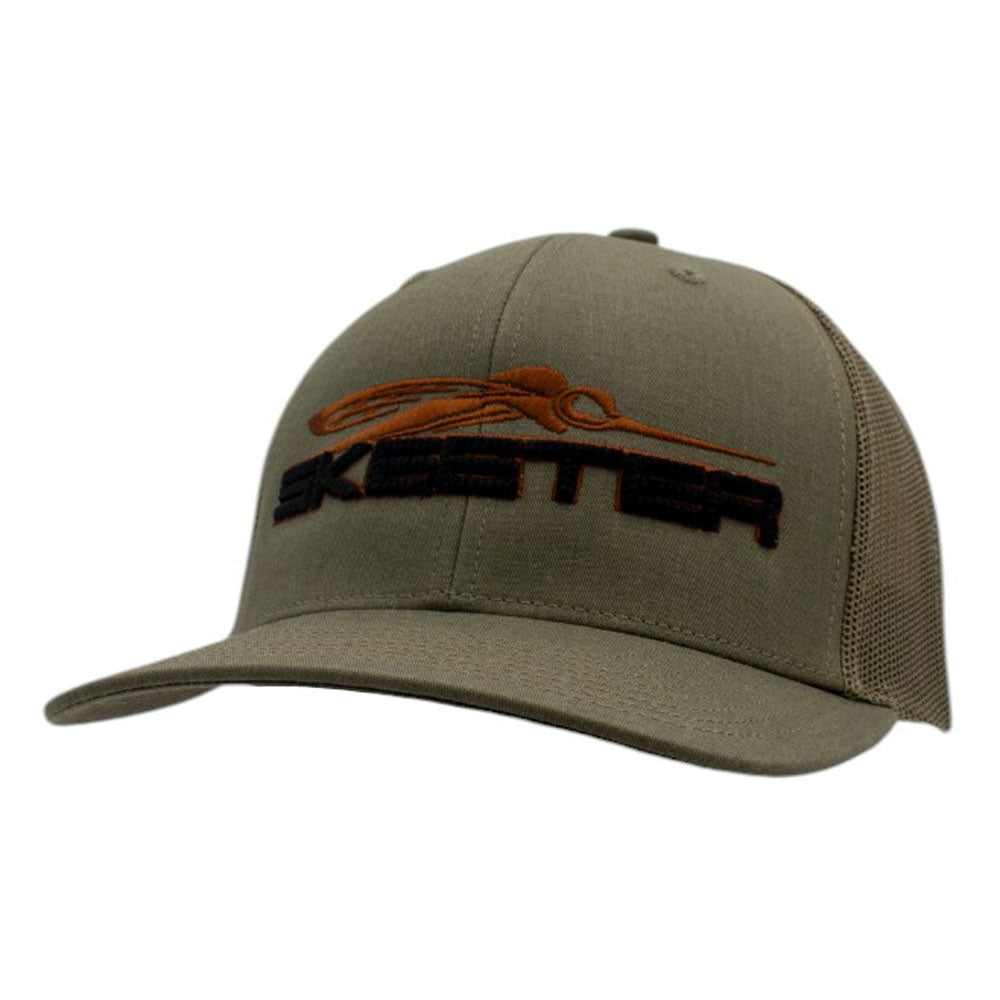 Sage green cap with a textured brown and black skeeter logo on the front.