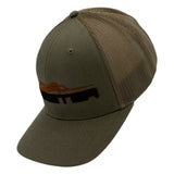 Side of a green cap with a mesh back and skeeter logo on the front. 