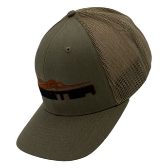 Side of a green cap with a mesh back and skeeter logo on the front. 