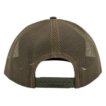 Back of a green mesh cap with Richardson branding on the snapback closure. 