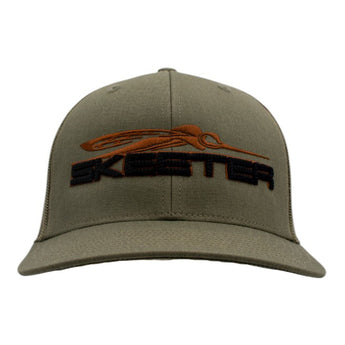 Green cap with a brown and black puff embroidered skeeter logo on the front. 