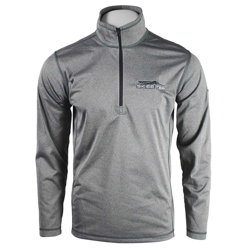 Front of a grey quarter zip with a black zipper, and the Skeeter logo embroidered in black and white on the left chest. 