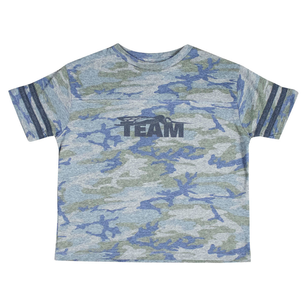 Front of cotton toddler T-shirt with a green camo pattern and two black stripes around sleeves. Centered across the chest is the Skeeter Team logo in black.