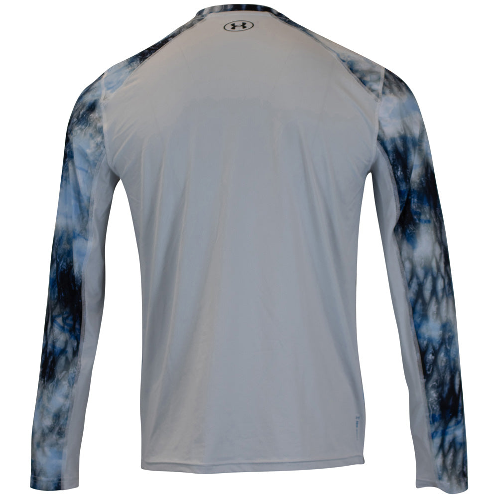 Back of a performance long sleeve with a light grey body and black and blue sleeves. The Under Armour logo is printed in black under the neckline. 