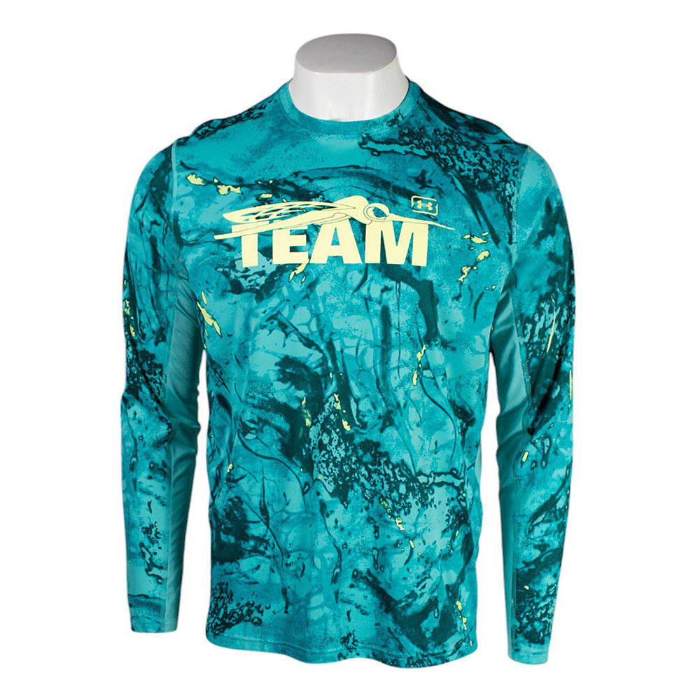 Front of a UPF long sleeve with a blue and green water-like pattern. Centered across the chest is the Skeeter Team logo in pale green. On the left of the chest is the Under Armour logo.