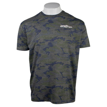 Front of a green camo tee with a heathered look and the Skeeter logo printed in white on the left chest. 