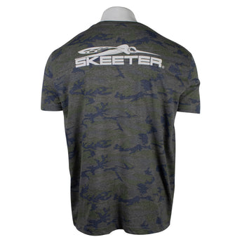 The back of a green camo tee with the Skeeter logo printed in white across the shoulder blades. 