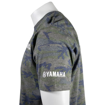 Close up of the left sleeve of a green camo tee with the Yamaha logo printed in white above the cuff. 