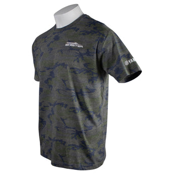 The left side of a green camo tee with the Skeeter logo printed in white on the left chest and the Yamaha logo printed in white above the sleeve cuff. 