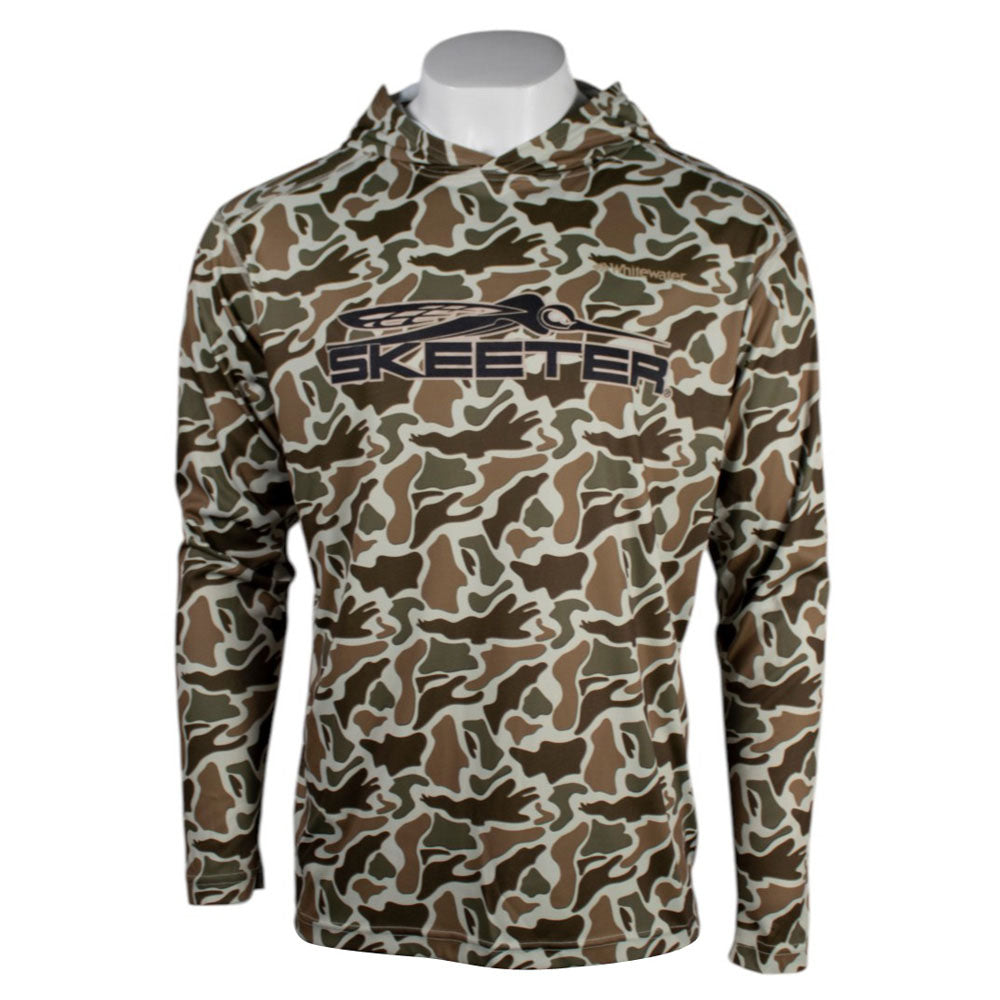Front of a brown camouflage hoodie with a black 'Skeeter' logo across the chest. 