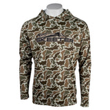 Front of a brown camouflage hoodie with a black 'Skeeter' logo across the chest. 