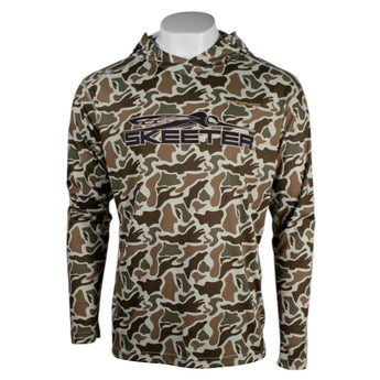 Front of a brown camouflage hoodie with a black 'Skeeter' logo across the chest. 