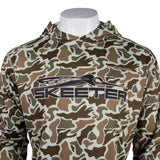 Close up of a brown camo hoodie with a black 'Skeeter' logo on the chest. 