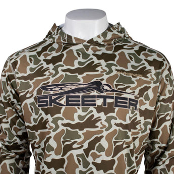 Close up of a brown camo hoodie with a black 'Skeeter' logo on the chest. 