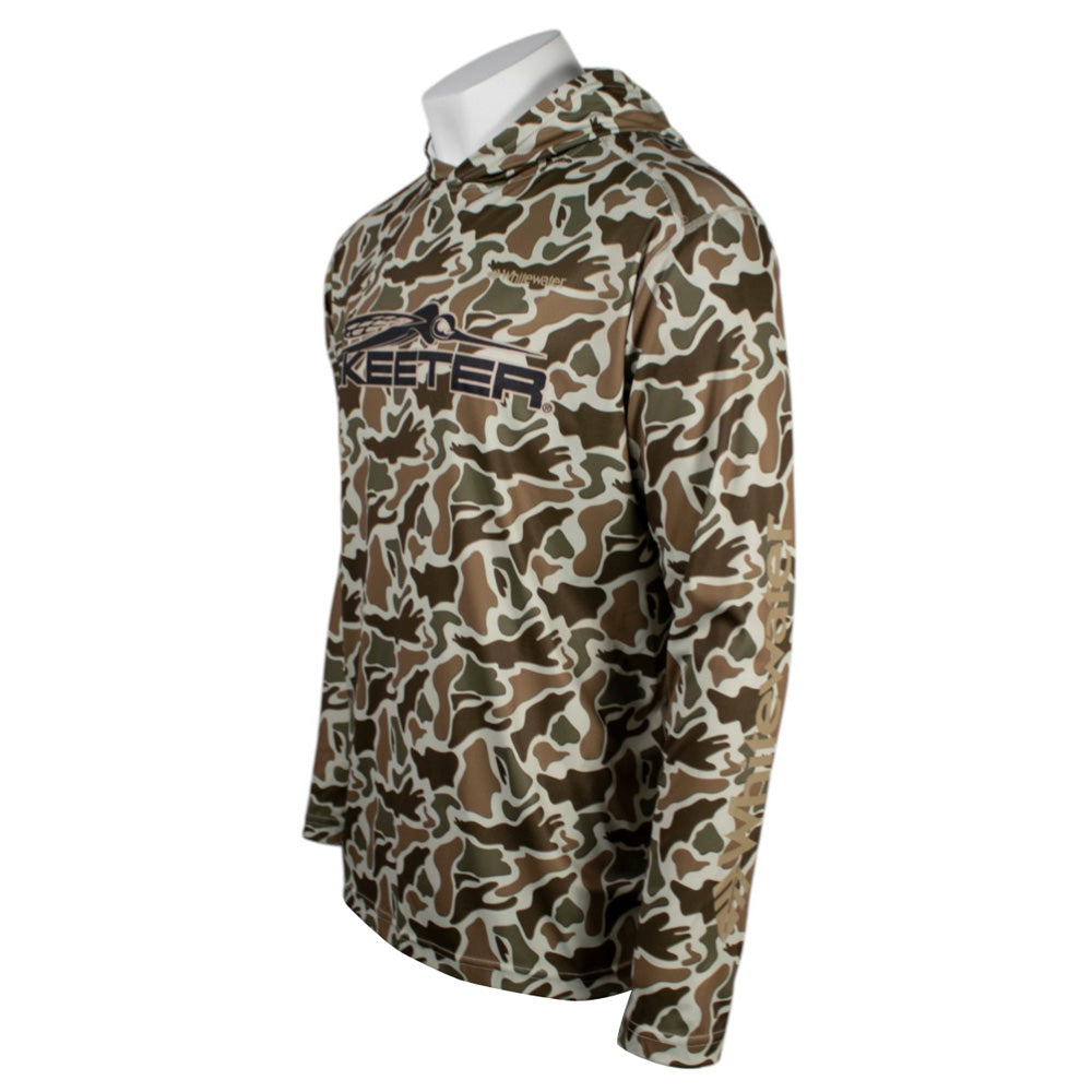 Side of a camouflage hooded long sleeve with a skeeter logo on the front. 