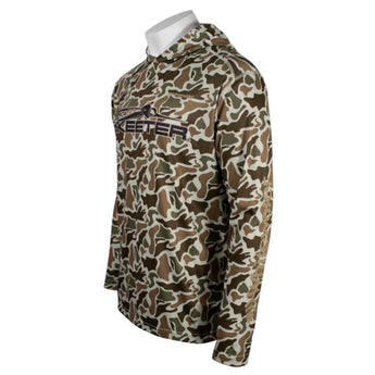 Side of a camouflage hooded long sleeve with a skeeter logo on the front. 