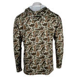 Back of a brown camouflage-patterned long sleeve with a hood.