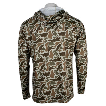 Back of a brown camouflage-patterned long sleeve with a hood.