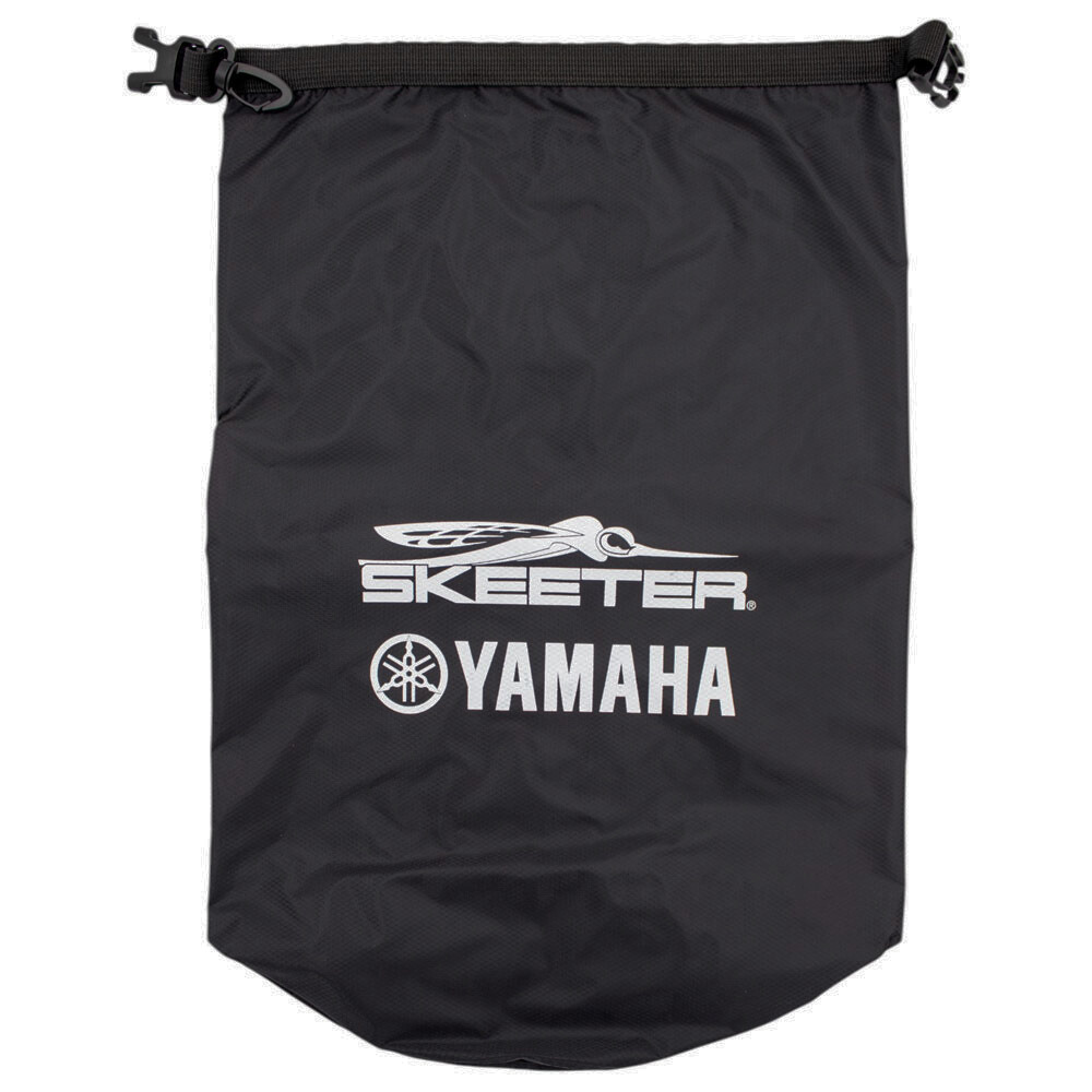 Front of a black waterproof bag, featuring the Skeeter logo and Yamaha logo in white. The top of the bag has a buckle closure and clip for hanging.