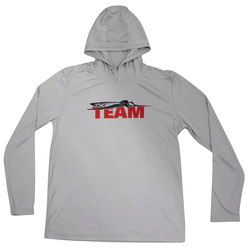 A light grey youth hooded performance long sleeve with the Skeeter Team logo printed in red and black across the chest. 