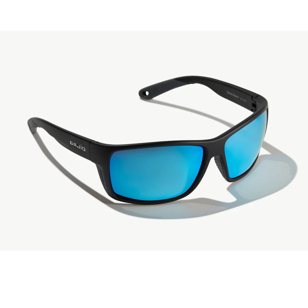 Black sunglasses with clear blue lenses.