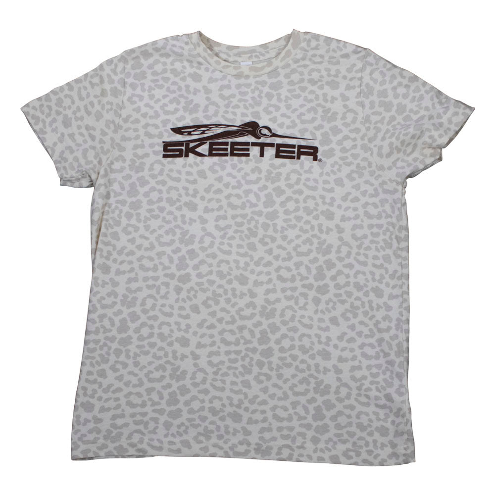 A light beige and brown leopard print youth tee with the Skeeter logo in brown across the chest. 