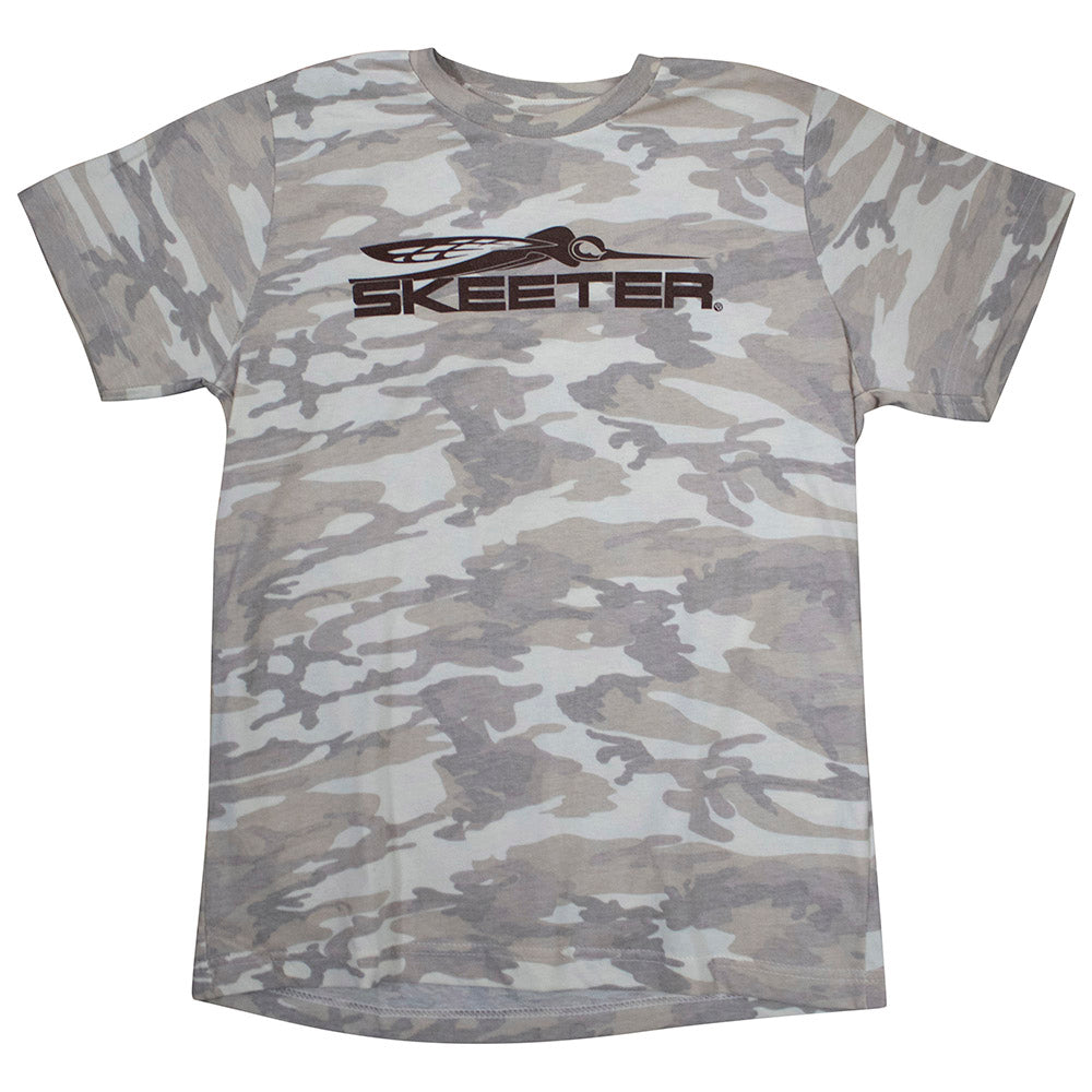 A light brown and green camo youth tee with the Skeeter logo in brown across the chest. 