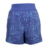 Front of a pair of purple running shorts with a light blue pattern. 