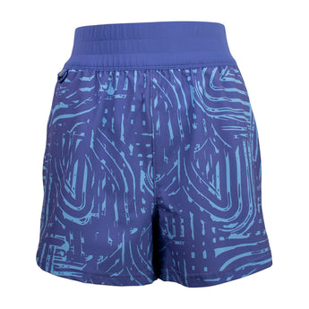 Front of a pair of purple running shorts with a light blue pattern. 