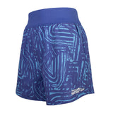 The left side of a pair of purple running shorts with a light blue pattern. Printed above the hem of the left leg is the skeeter pattern in white. 