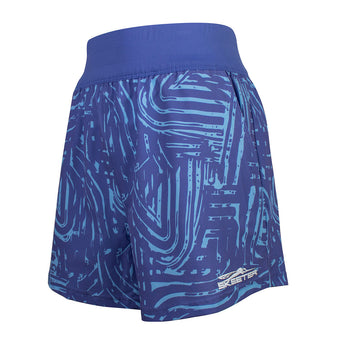 The left side of a pair of purple running shorts with a light blue pattern. Printed above the hem of the left leg is the skeeter pattern in white. 