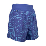 The right side of a pair of purple running shorts with a light blue pattern and a key ring on the hip. 