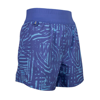 The right side of a pair of purple running shorts with a light blue pattern and a key ring on the hip. 