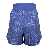 Back of a pair of purple running shorts with a light blue pattern. 