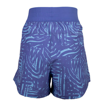 Back of a pair of purple running shorts with a light blue pattern. 