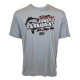 Front of light grey performance tee with a Skeeter 2021 Owners Tournament center chest design