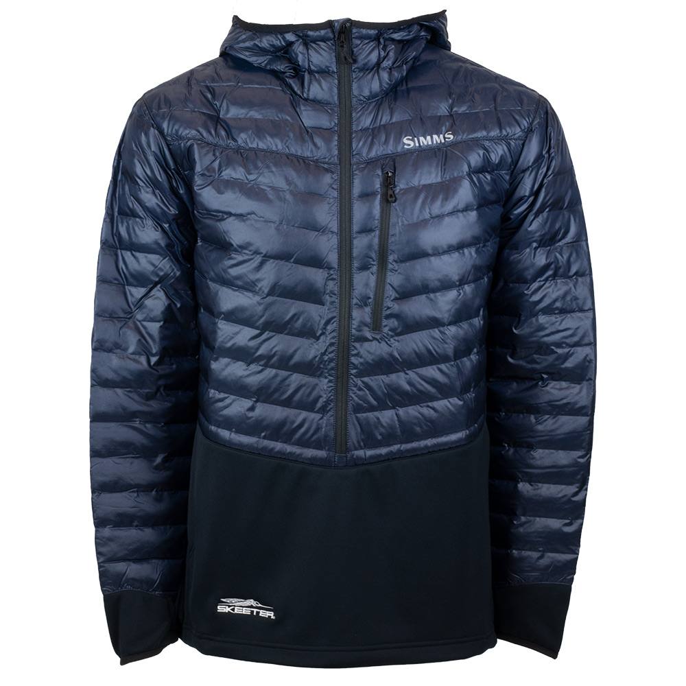 Front of a dark navy and black puffer jacket with a left chest zipper pocket. Embroidered on the bottom right of the jacket is the skeeter logo in white. 