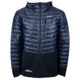 Front of a dark navy and black puffer jacket with a left chest zipper pocket. Embroidered on the bottom right of the jacket is the skeeter logo in white. 